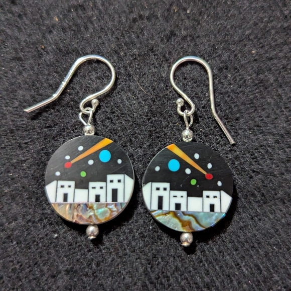 Sterling Silver Black White Gibbsite And Abalone Inlay Dangle Statement Earrings